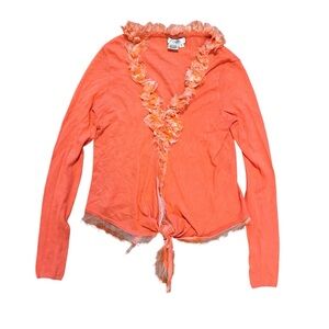 Cache Coral Pink Cardigan with Ruffle Trim